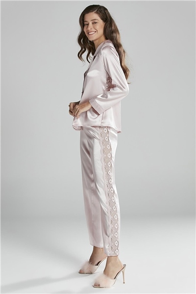 Pierre Cardin 1438 Kadın Saten Dantelli Pijama Takımı-Pudra
