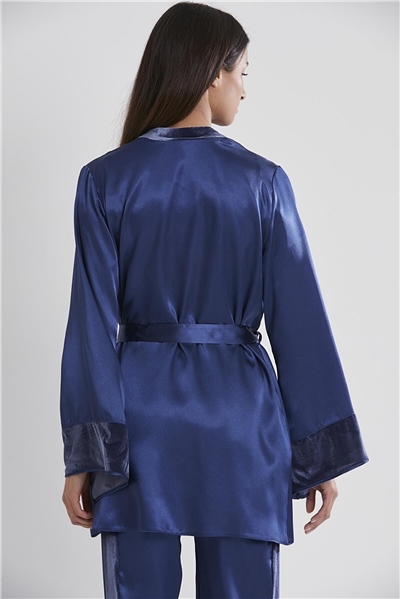 Pierre Cardin 2040 Kadın Kadife Saten Sabahlıklı Pijama Takım-Lacivert
