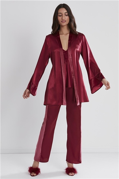 Pierre Cardin 2040 Kadın Kadife Saten Sabahlıklı Pijama Takım-Bordo