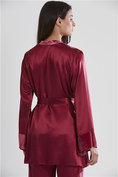 Pierre Cardin 2040 Kadın Kadife Saten Sabahlıklı Pijama Takım-Bordo