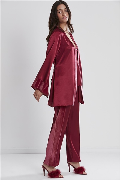 Pierre Cardin 2040 Kadın Kadife Saten Sabahlıklı Pijama Takım-Bordo