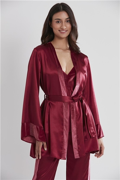 Pierre Cardin 2040 Kadın Kadife Saten Sabahlıklı Pijama Takım-Bordo