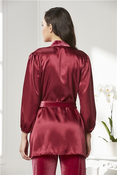 Pierre Cardin 2050 Kadın Kadife Saten Sabahlıklı Pijama Takım-Bordo
