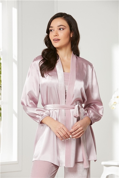 Pierre Cardin 2050 Kadın Kadife Saten Sabahlıklı Pijama Takım-Rose