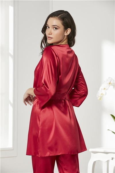 Pierre Cardin 2075 Kadın Saten Sabahlıklı Pijama Takım-Kırmızı