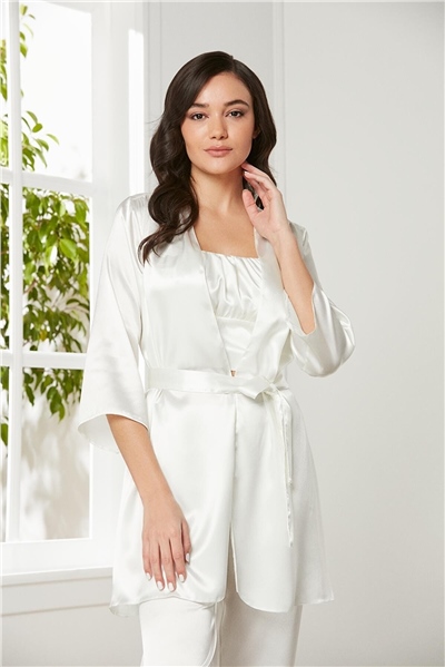 Pierre Cardin 2075 Kadın Saten Sabahlıklı Pijama Takım-Ekru