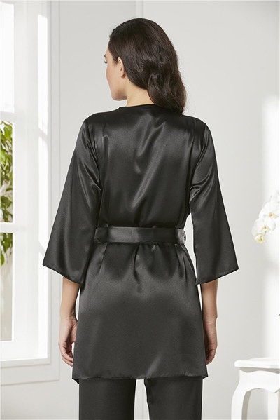 Pierre Cardin 2075 Kadın Saten Sabahlıklı Pijama Takım-Siyah