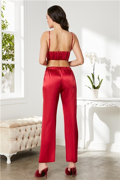 Pierre Cardin 2075 Kadın Saten Sabahlıklı Pijama Takım-Kırmızı