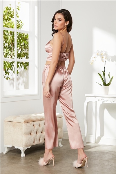 Pierre Cardin 2075 Kadın Saten Sabahlıklı Pijama Takım-Brandy