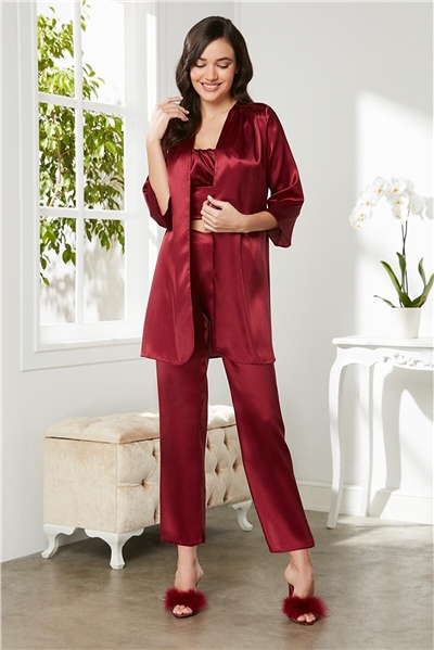 Pierre Cardin 2075 Kadın Saten Sabahlıklı Pijama Takım-Bordo