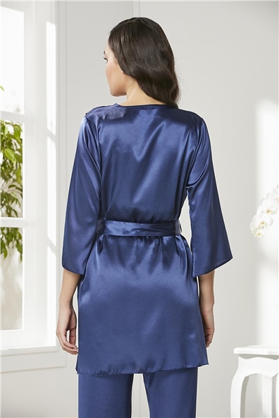 Pierre Cardin 2075 Kadın Saten Sabahlıklı Pijama Takım-Lacivert
