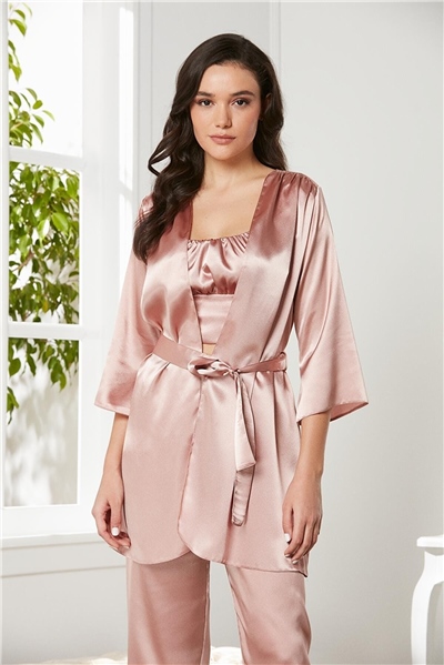 Pierre Cardin 2075 Kadın Saten Sabahlıklı Pijama Takım-Brandy
