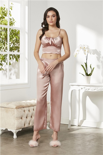 Pierre Cardin 2075 Kadın Saten Sabahlıklı Pijama Takım-Brandy