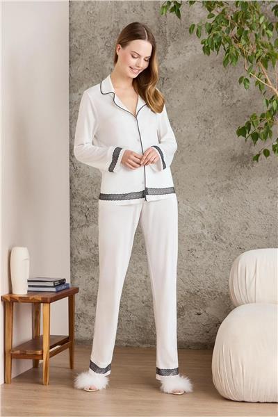 Pierre Cardin 2200 Kadın Uzun Kollu Gömlek Pijama Takımı-Ekru