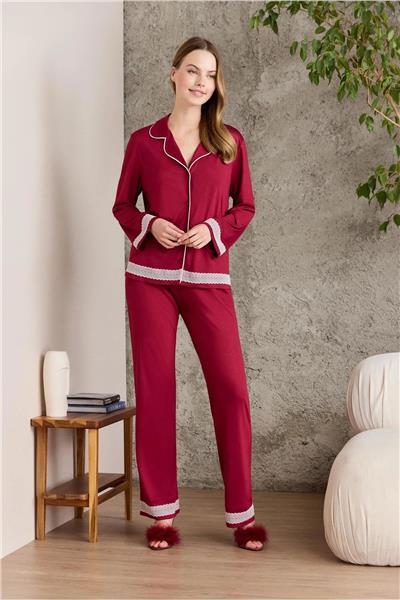 Pierre Cardin 2200 Kadın Uzun Kollu Gömlek Pijama Takımı-Bordo