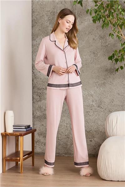 Pierre Cardin 2200 Kadın Uzun Kollu Gömlek Pijama Takımı-Pudra