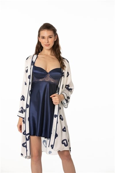 Pierre Cardin 2406 Kadın Saten Emprime Gecelik&Sabahlık Takım - Lacivert