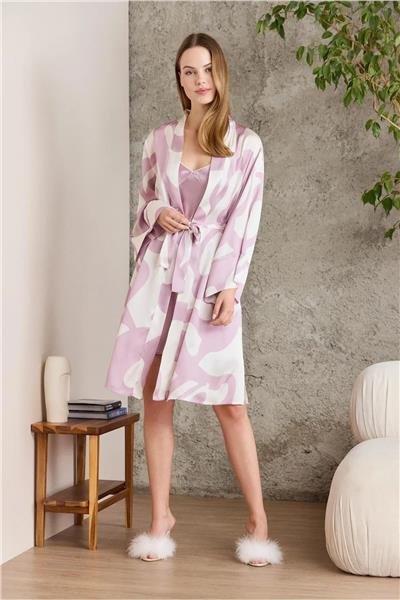 Pierre Cardin 2420 Kadın Saten Empirme Sabahlıklı Gecelik Takım-Rose