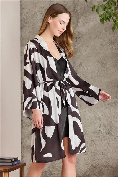 Pierre Cardin 2420 Kadın Saten Empirme Sabahlıklı Gecelik Takım-Siyah