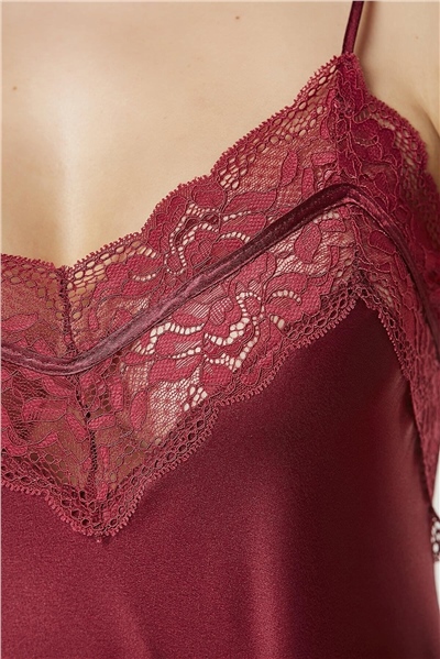 Pierre Cardin 2475 Kadın Sabahlıklı İp Askılı Saten Dantelli Şort Takım-Bordo
