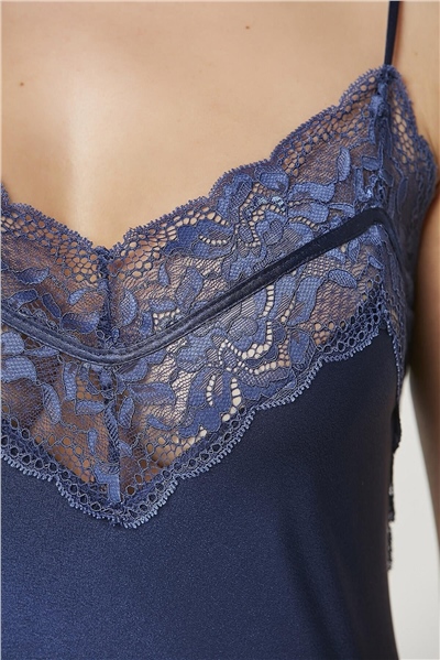 Pierre Cardin 2475 Kadın Sabahlıklı İp Askılı Saten Dantelli Şort Takım-Lacivert