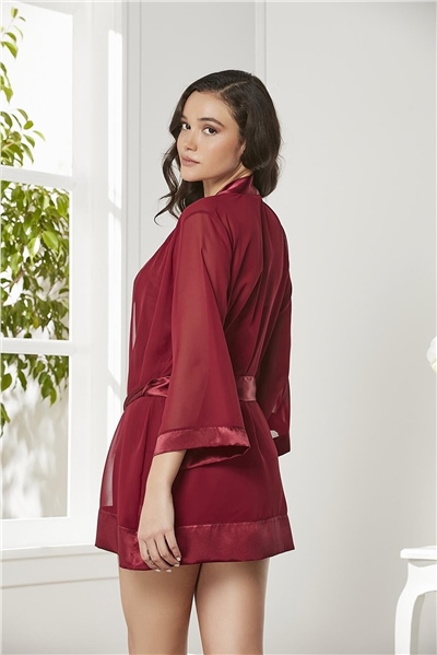 Pierre Cardin 2475 Kadın Sabahlıklı İp Askılı Saten Dantelli Şort Takım-Bordo