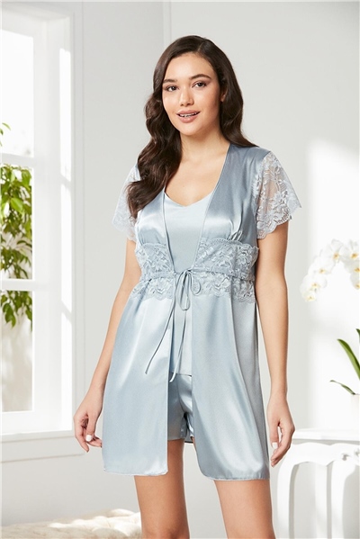 Pierre Cardin 2480 Kadın Sabahlıklı İp Askılı Saten Dantelli Şort Takım-Mist
