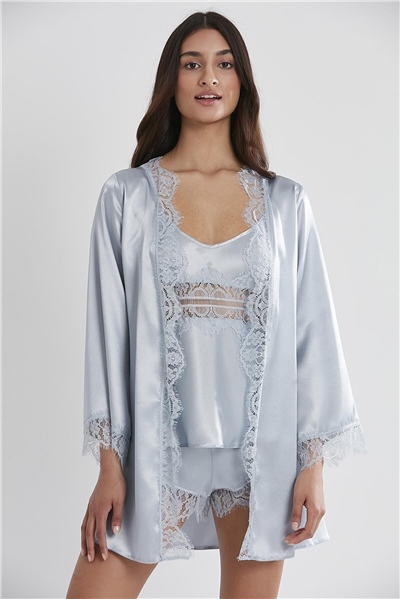 Pierre Cardin 2490 Kadın Sabahlıklı İp Askılı Saten Dantelli Şort Takım-Mist
