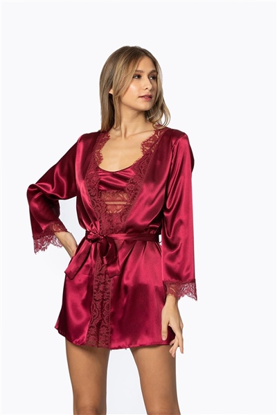 Pierre Cardin 2490 Kadın Sabahlıklı İp Askılı Saten Dantelli Şort Takım-Bordo