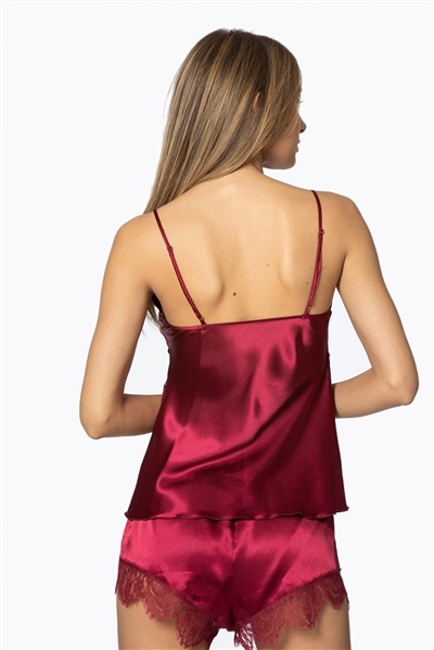 Pierre Cardin 2490 Kadın Sabahlıklı İp Askılı Saten Dantelli Şort Takım-Bordo