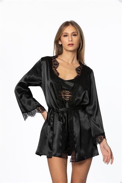 Pierre Cardin 2490 Kadın Sabahlıklı İp Askılı Saten Dantelli Şort Takım-Siyah