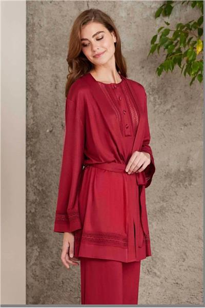Pierre Cardin 2800 Kadın Penye Dantelli Sabahlıklı Pijama Takım-Bordo