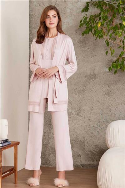 Pierre Cardin 2800 Kadın Penye Dantelli Sabahlıklı Pijama Takım-Pudra