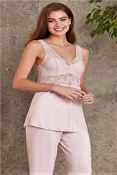 Pierre Cardin 2810 Kadın Dantelli Penye Sabahlıklı Pijama Takım-Pudra