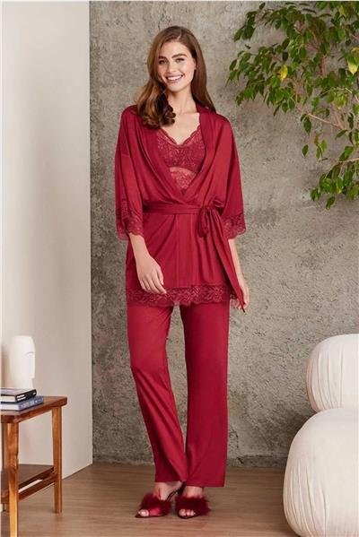Pierre Cardin 2810 Kadın Dantelli Penye Sabahlıklı Pijama Takım-Bordo