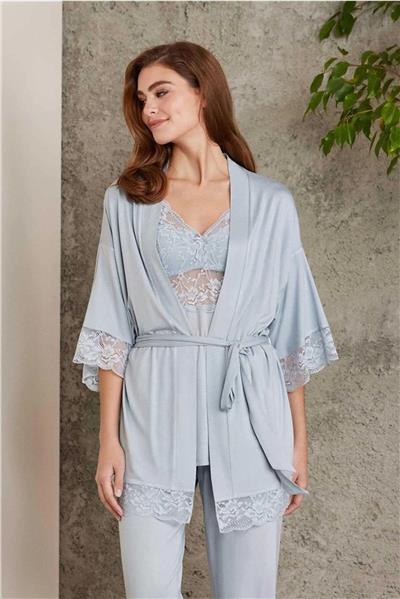 Pierre Cardin 2810 Kadın Dantelli Penye Sabahlıklı Pijama Takım-Mist