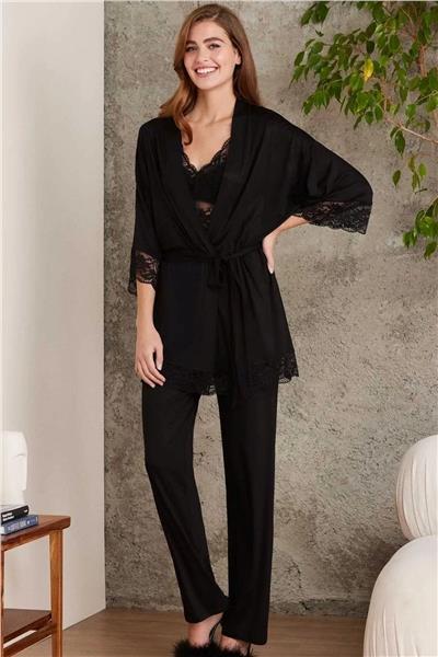 Pierre Cardin 2810 Kadın Dantelli Penye Sabahlıklı Pijama Takım-Siyah