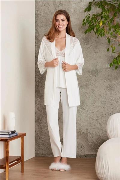 Pierre Cardin 2820 Kadın Penye Dantelli Sabahlıklı Pijama Takım-Ekru