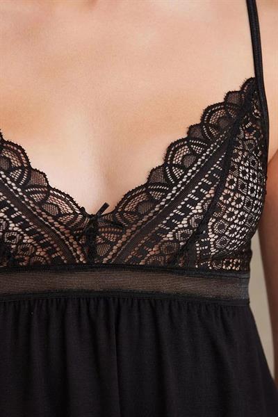 Pierre Cardin 2820 Kadın Penye Dantelli Sabahlıklı Pijama Takım-Siyah