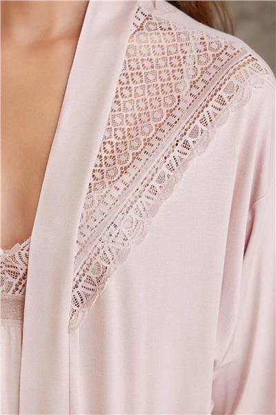 Pierre Cardin 2820 Kadın Penye Dantelli Sabahlıklı Pijama Takım-Pudra