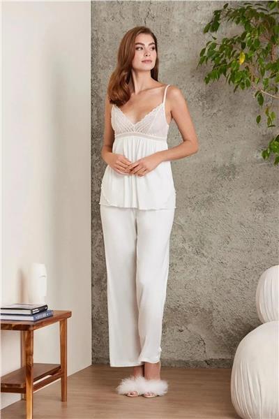 Pierre Cardin 2820 Kadın Penye Dantelli Sabahlıklı Pijama Takım-Ekru