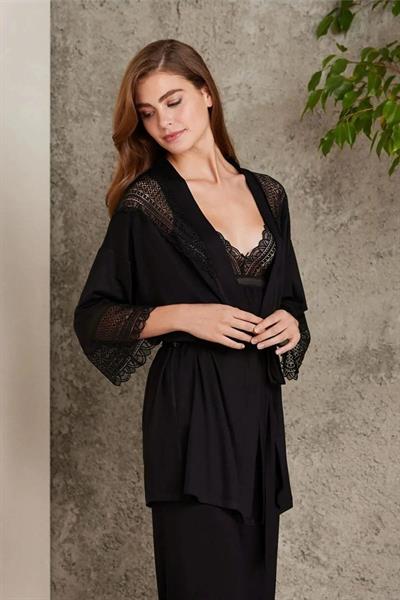 Pierre Cardin 2820 Kadın Penye Dantelli Sabahlıklı Pijama Takım-Siyah