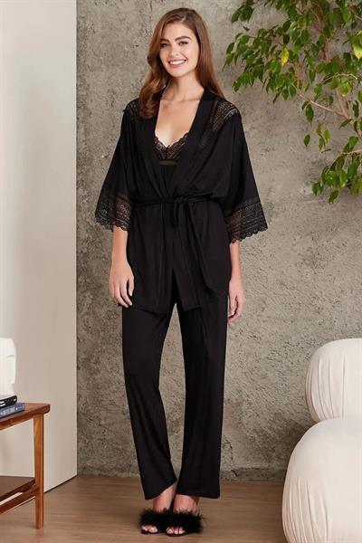 Pierre Cardin 2820 Kadın Penye Dantelli Sabahlıklı Pijama Takım-Siyah