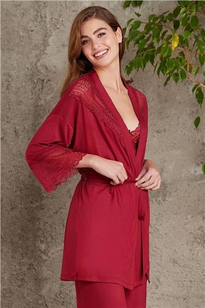 Pierre Cardin 2820 Kadın Penye Dantelli Sabahlıklı Pijama Takım-Bordo