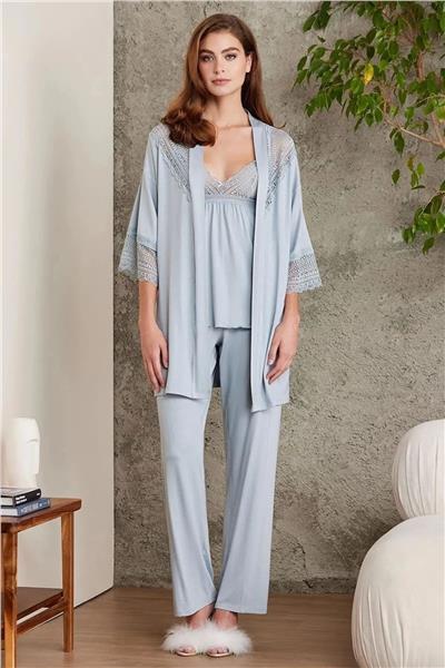 Pierre Cardin 2820 Kadın Penye Dantelli Sabahlıklı Pijama Takım-Mist