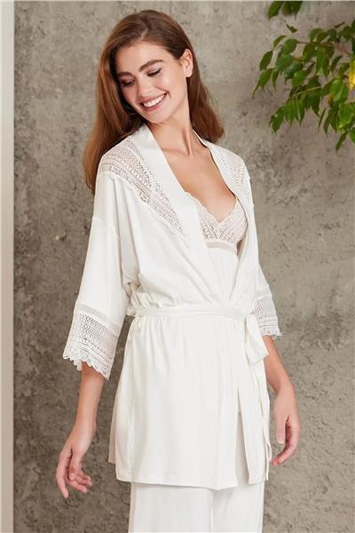 Pierre Cardin 2820 Kadın Penye Dantelli Sabahlıklı Pijama Takım-Ekru