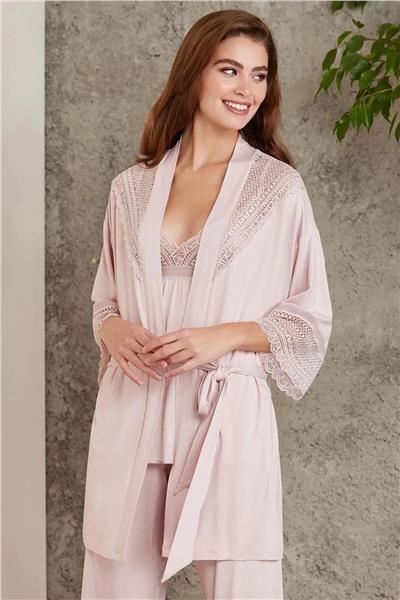 Pierre Cardin 2820 Kadın Penye Dantelli Sabahlıklı Pijama Takım-Pudra