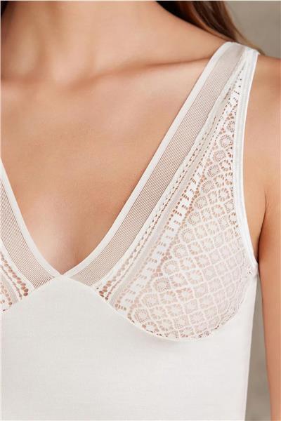 Pierre Cardin 320 Kadın Kalın Askılı Dantelli Atlet Külot takım-Ekru