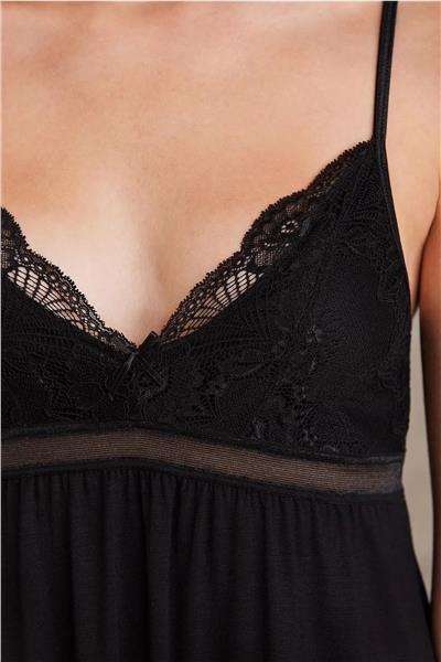 Pierre Cardin 4010 Kadın Dantelli Penye Gecelik Sabahlık Takım-Siyah