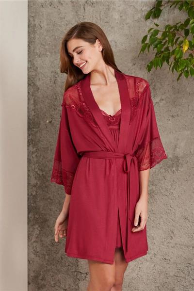 Pierre Cardin 4010 Kadın Dantelli Penye Gecelik Sabahlık Takım-Bordo